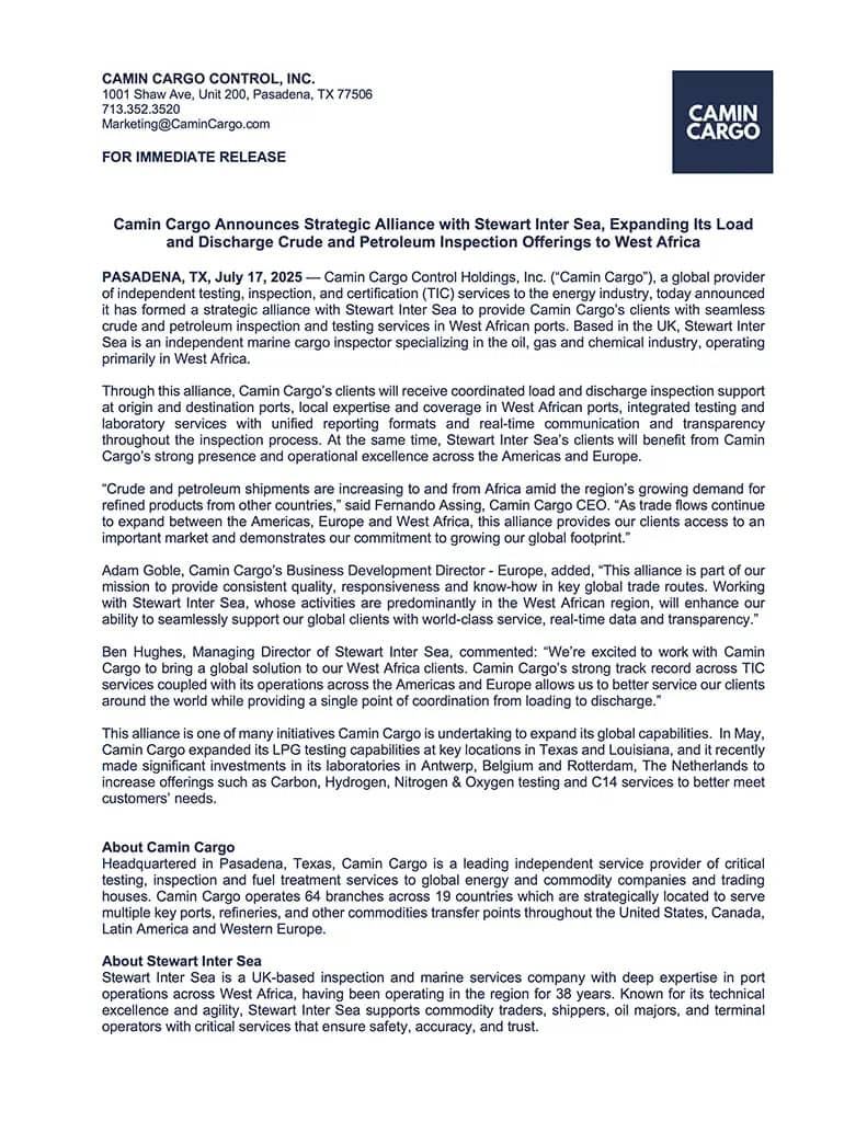 PressRelease CaminCargoAnnouncesStrategicAlliancewithStewartInterSeaExpandingItsLoadandDischargeFuelInspectionOfferingstoWestAfrica